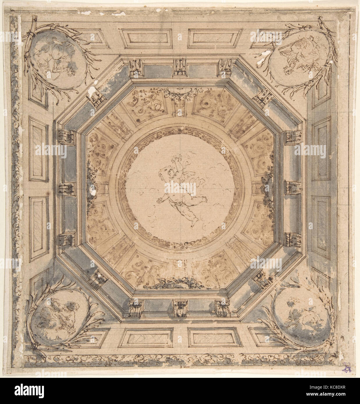 Pour la conception d'un carré de plafond en trompe l'Œil avec les quatre évangélistes, anonyme, Italien, 18e siècle Banque D'Images
