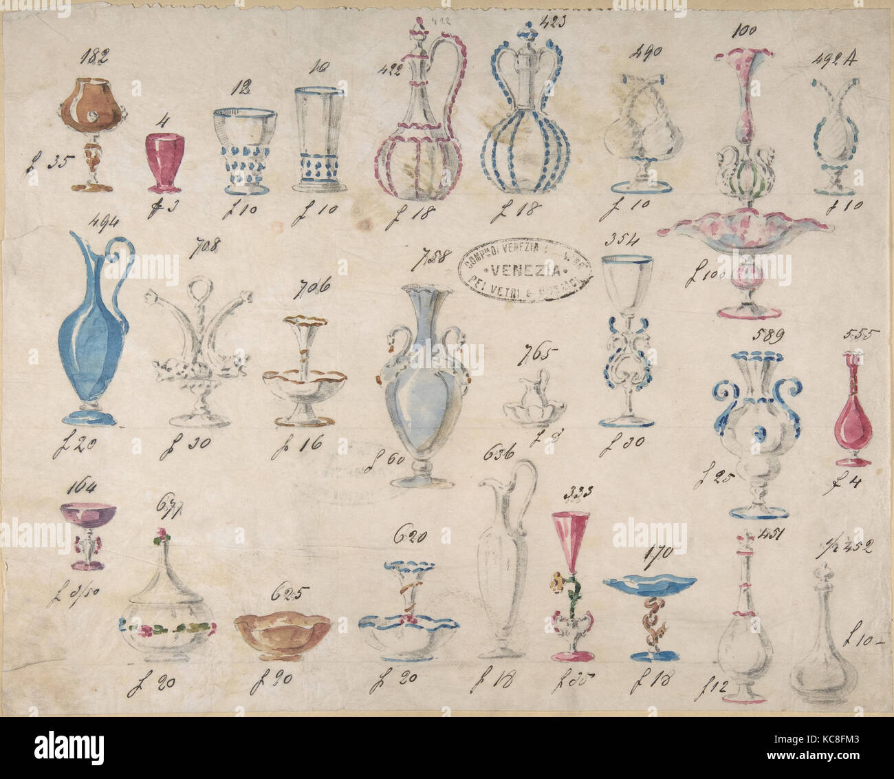 L'une des feuilles de dessins de Twenty-Three verrerie (miroirs, lustres, gobelets, etc.), Compagnia di Venezia & Murano, 1850 Banque D'Images