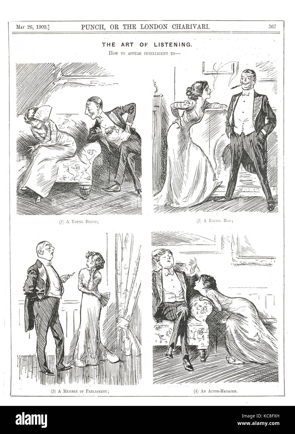 L'art de l'écoute, la façon d'apparaître intelligent à différents hommes, punch cartoon, 1909 Banque D'Images
