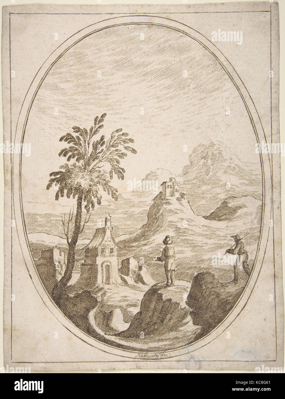 Vignette ovale vertical d'un paysage montagneux avec deux bergers dans l'avant-plan., Carlo Antonio Buffagnotti, fin du 17c Banque D'Images