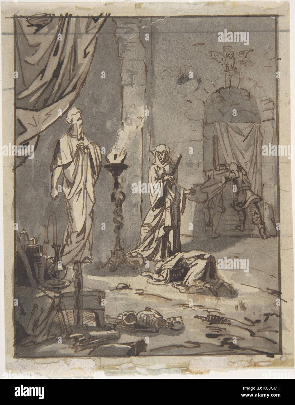 Witch of Endor, 19e siècle, plume et encre brune, pinceau et Lavis, gris graphite, 4 9/16 x 3 9/16 in. (11,6 x 9,1 cm), Dessins Banque D'Images