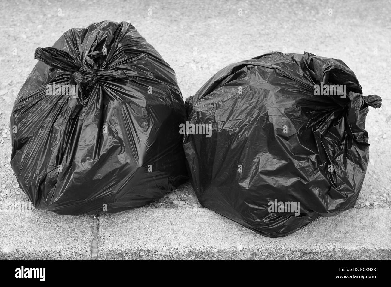 Deux sacs à déchets noirs sur le terrain. recycler l'écologie. Banque D'Images
