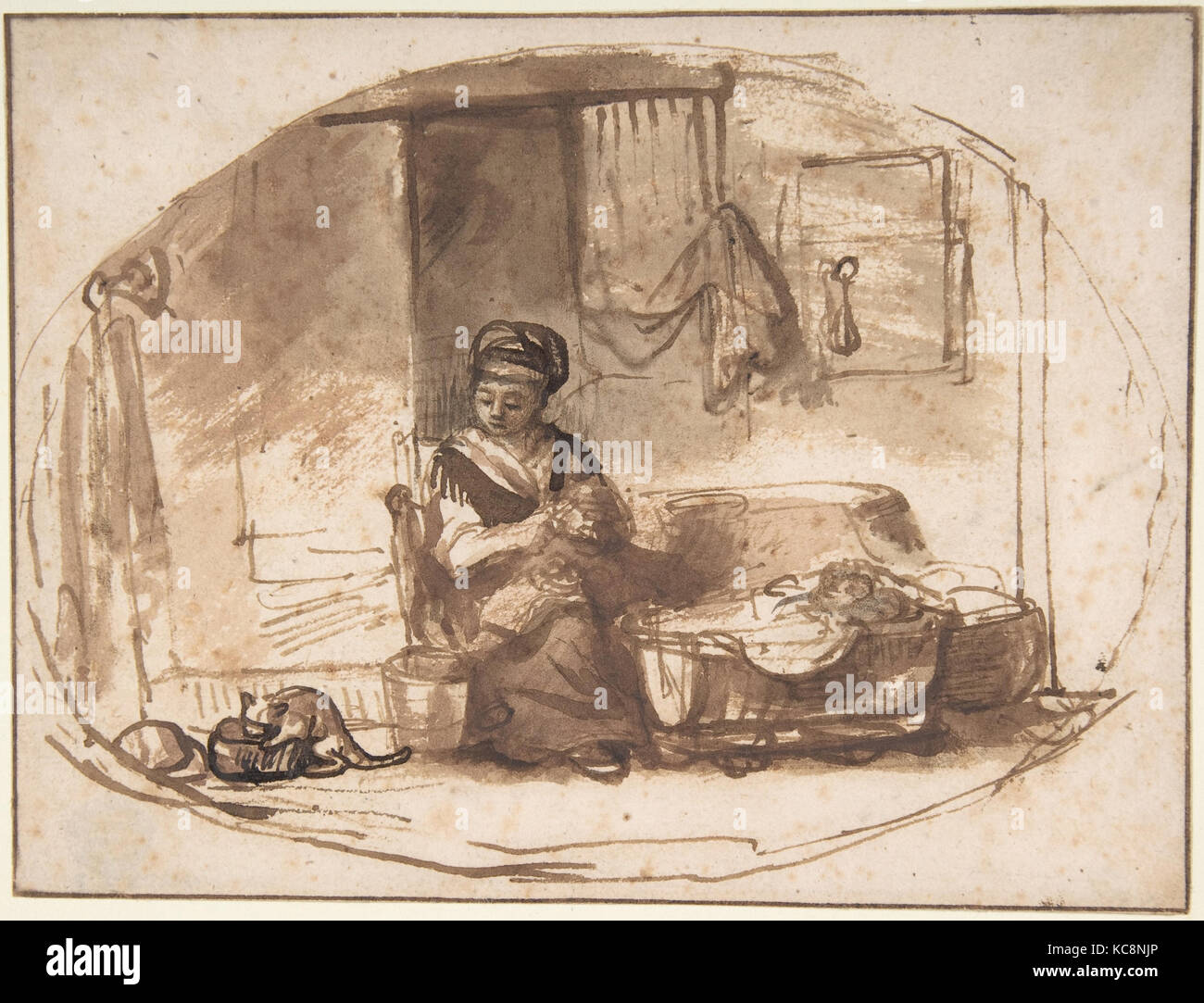 La jeune mère, 1655-57, plume et encre brune, pinceau et lavis, avec ligne d'encadrement à la plume et encre brune, feuille : 5 x 5/16 615 Banque D'Images