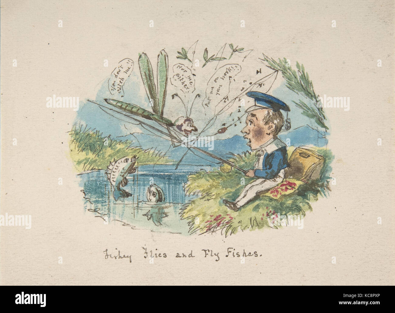 La société Fishey Mouches et voler des poissons (recto) ; Dessins de caractères (verso), John Leech, 1837-1999 Banque D'Images