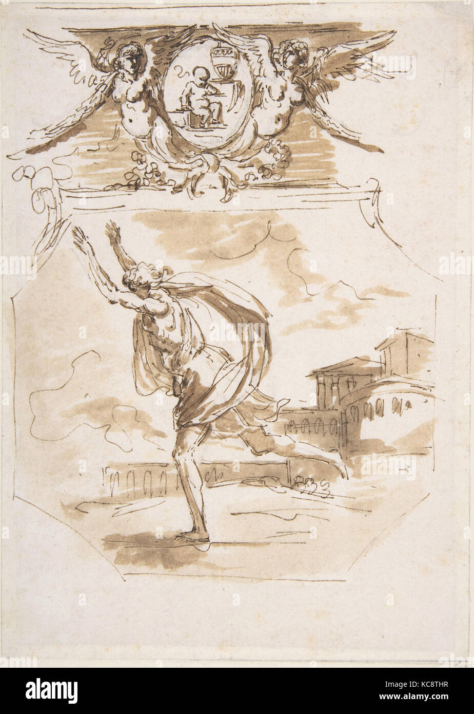 Homme drapé d'exécution ; Cartouche soutenu par deux Victoires ailées, Étienne de Lavallée-Poussin, 18e siècle Banque D'Images