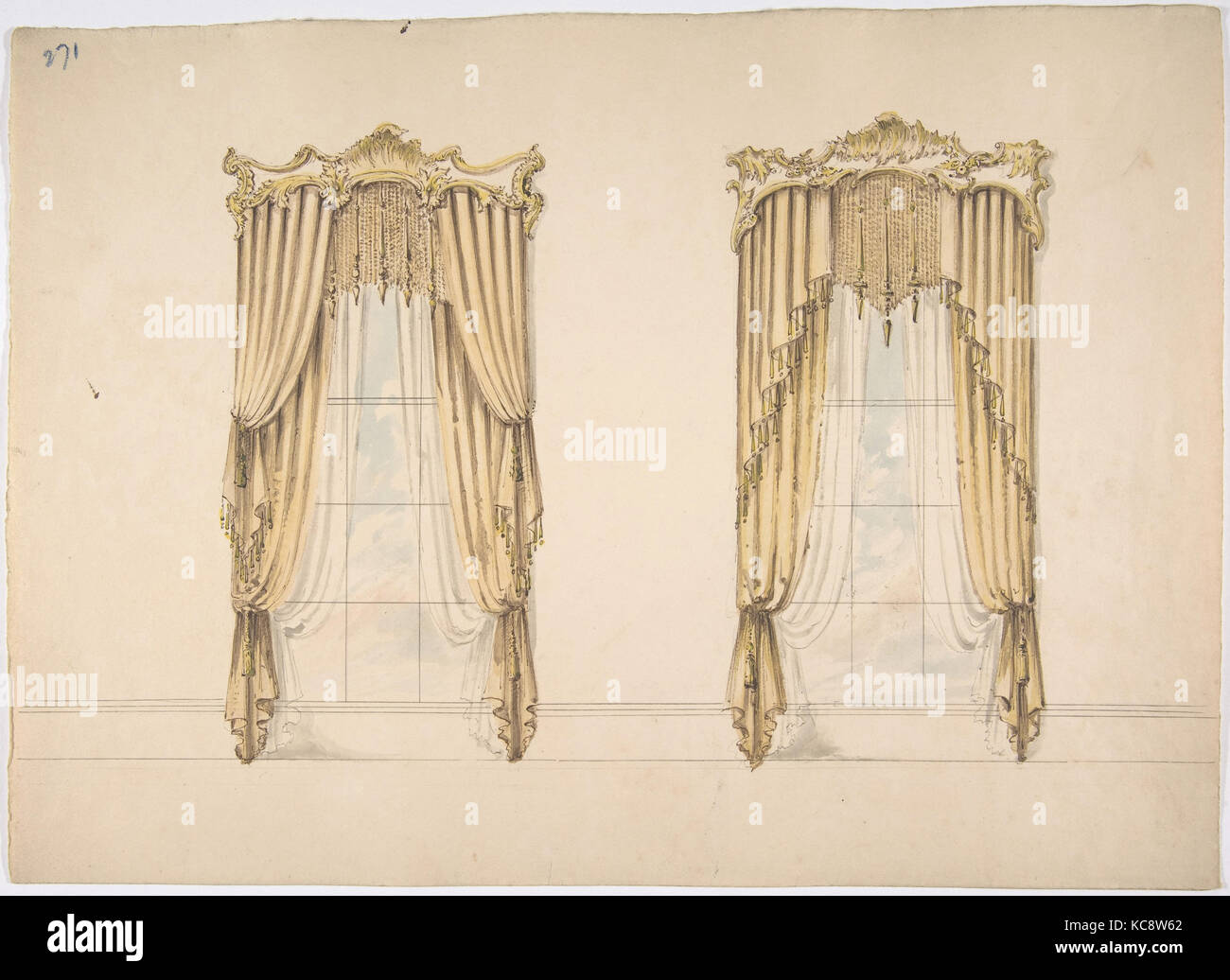 Pour la conception de rideaux d'or avec de l'or et de franges d'or et d'un fronton blanc, anonyme, britannique, 19ème siècle, début du xixe siècle Banque D'Images