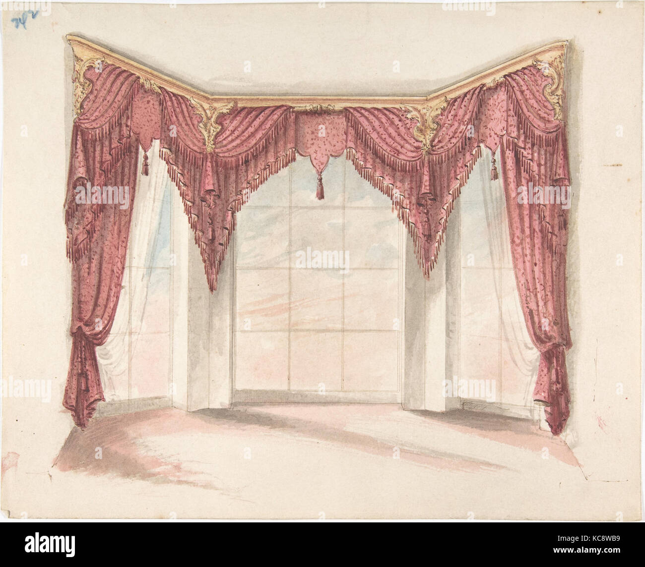 Pour la conception de rideaux rouge avec franges rouges et un fronton d'or, anonyme, britannique, 19ème siècle, début du xixe siècle Banque D'Images