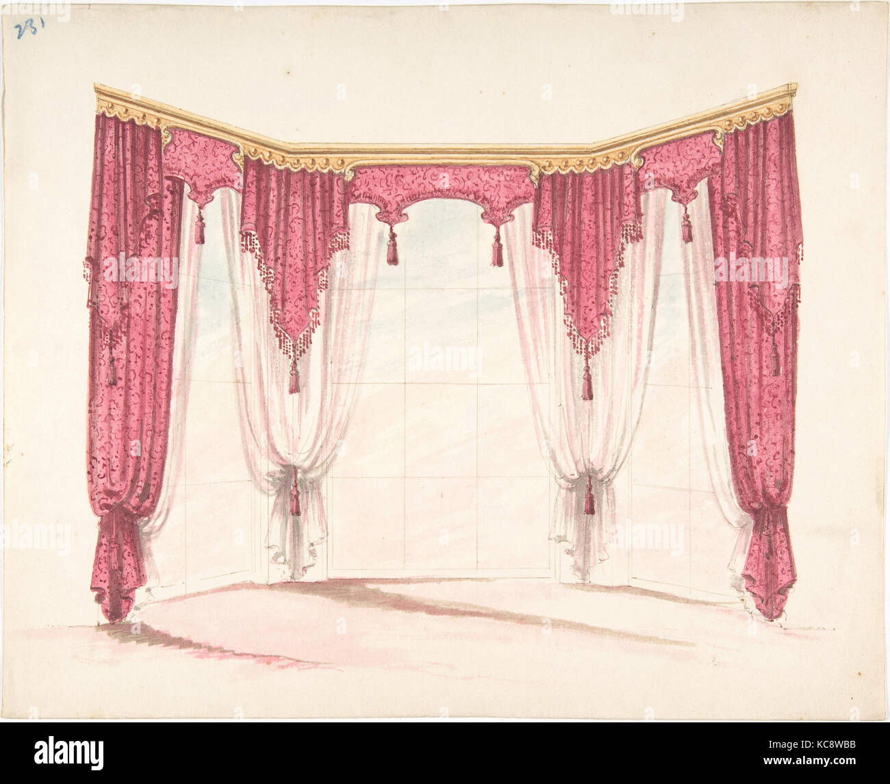 Pour la conception de rideaux rouge avec franges rouges et un fronton d'or, anonyme, britannique, 19ème siècle, début du xixe siècle Banque D'Images