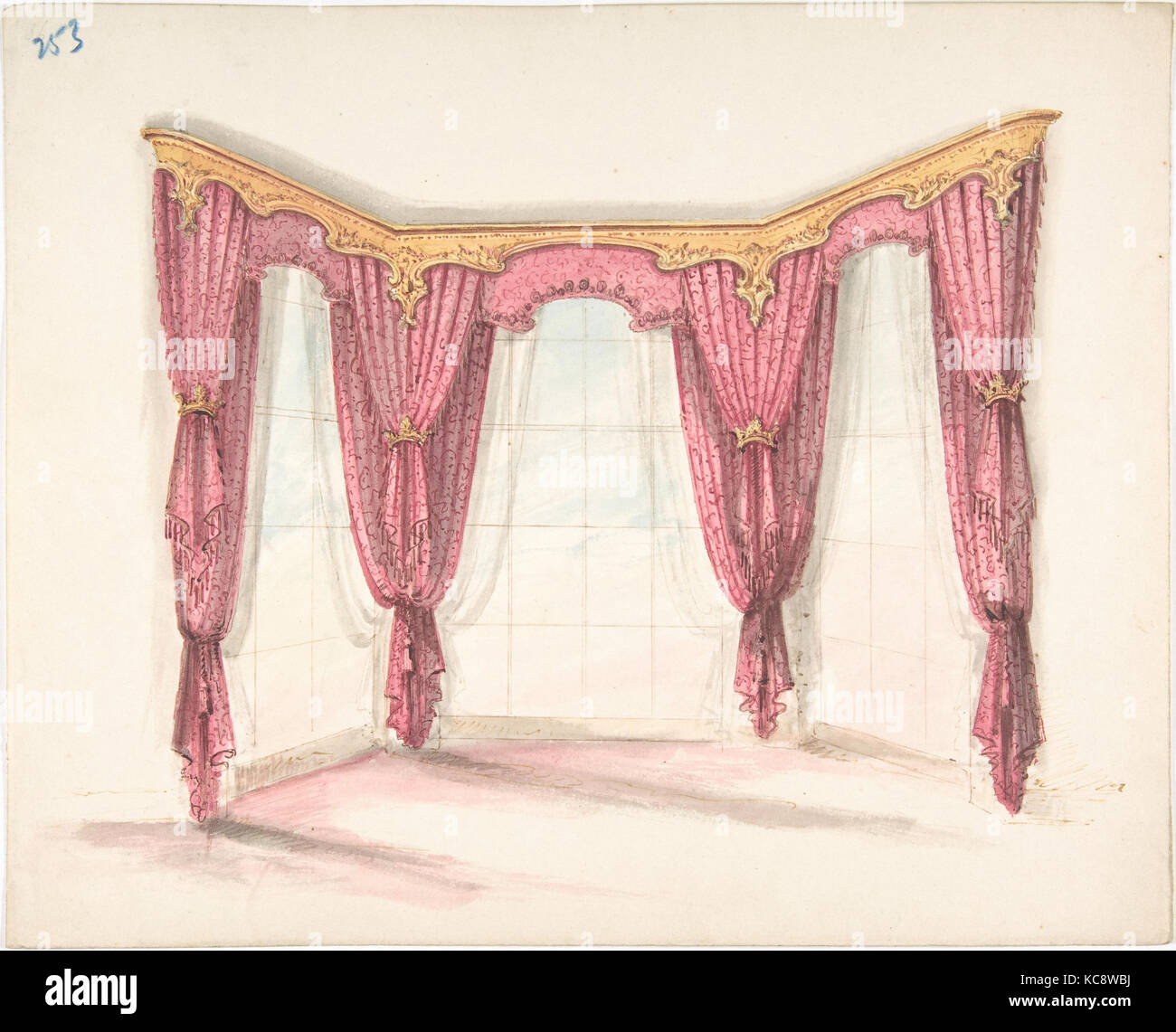 Pour la conception de rideaux rouge avec un Gold cantonnières, anonyme, britannique, 19ème siècle, début du xixe siècle Banque D'Images