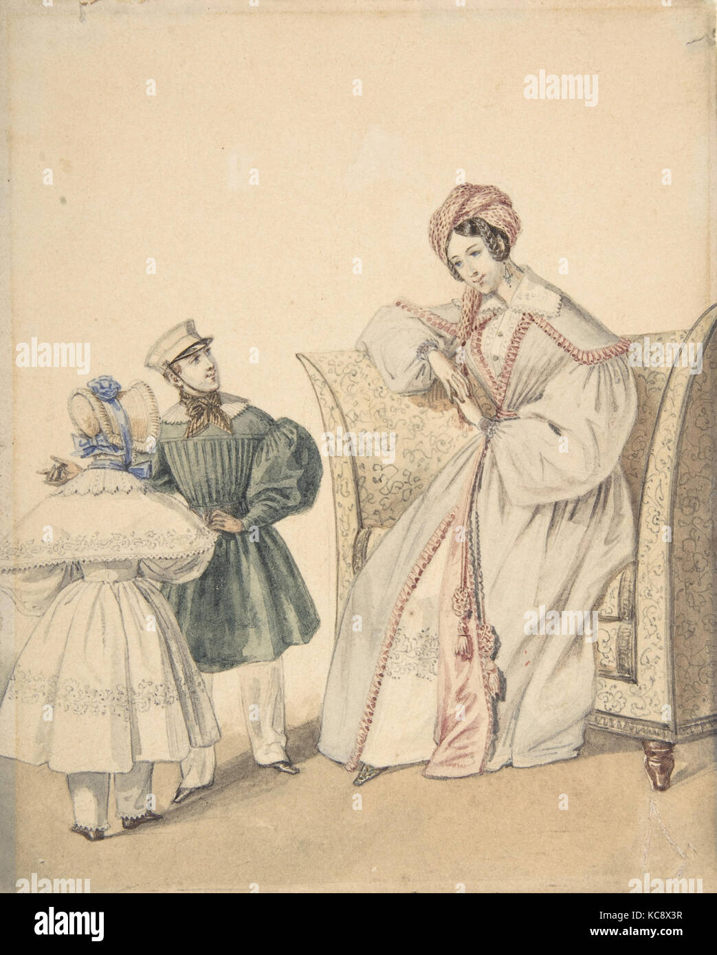 Dessin de mode avec une femme assise sur une chaise avec un garçon et fille, Pierre-Numa Bassaget Numa, appelé, 19e siècle Banque D'Images