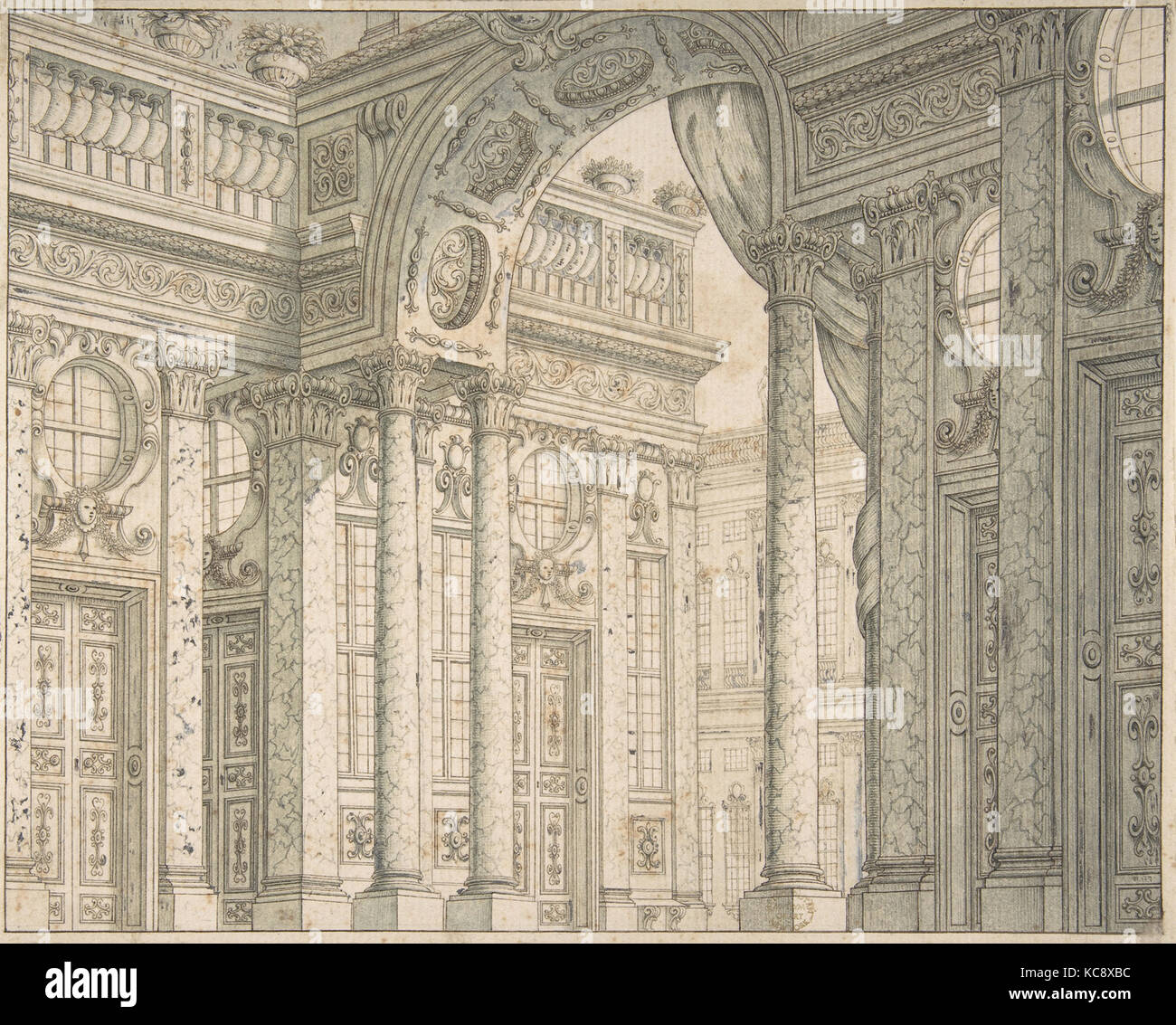 Conception d'une perspective pour une mise en scène avec cour et arc triomphal., Ferdinando Galli Bibiena, 1657-1743 Banque D'Images