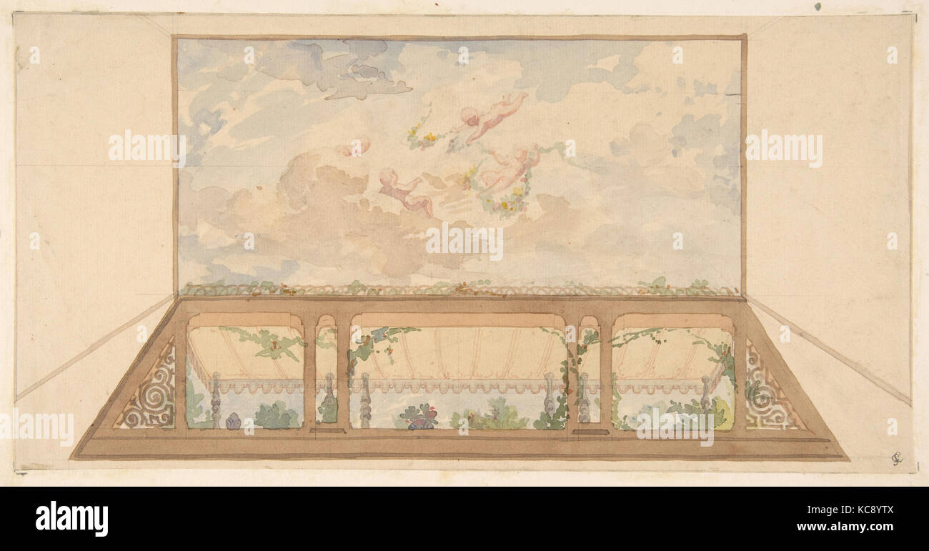 Conception d'un plafond peint avec un auvent en trompe-l'œil et putti dans des nuages, Jules-Edmond-Charles Lachaise, seconde moitié 19e c Banque D'Images