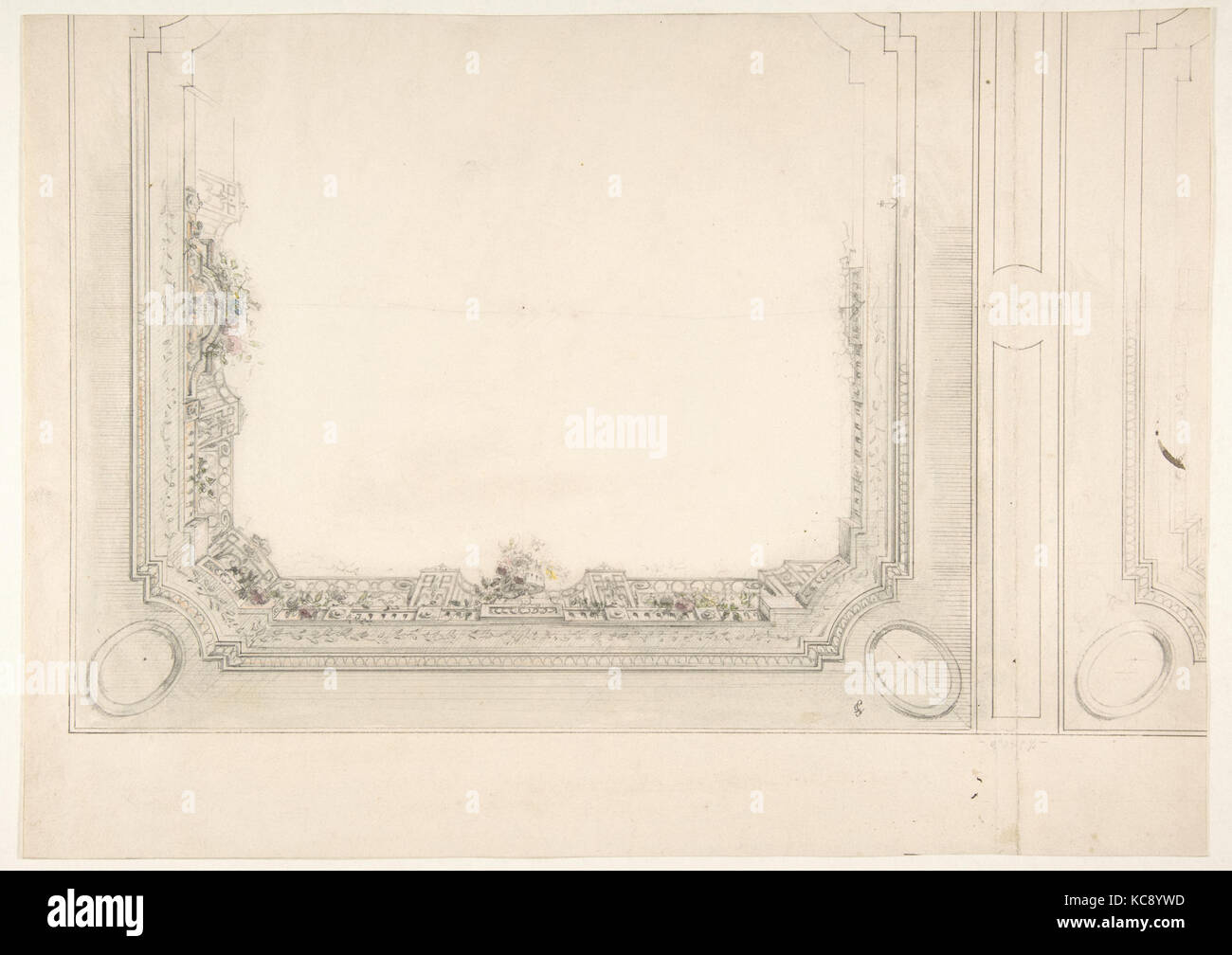 Conception partielle pour un plafond à peindre avec un trompe-l'oeil de fer forgé et de roses, Jules-Edmond-Charles Lachaise Banque D'Images