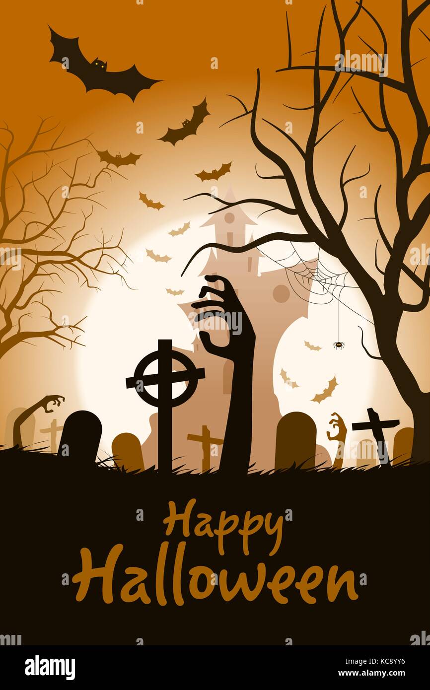 Halloween Party Poster. Maison de vacances Carte avec cimetière et mains Zombie et une maison hantée en arrière-plan. Invitation de l'Halloween ou Halloween Party Pos Illustration de Vecteur