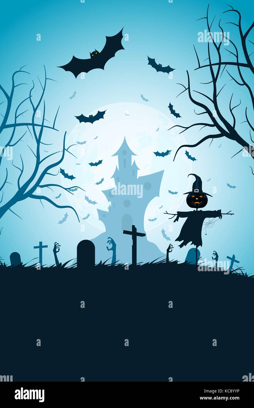 Halloween Party Poster. Maison de vacances avec une carte de l'épouvantail et cimetière et une maison hantée en arrière-plan. Invitation de l'Halloween ou Halloween Party Poster Illustration de Vecteur