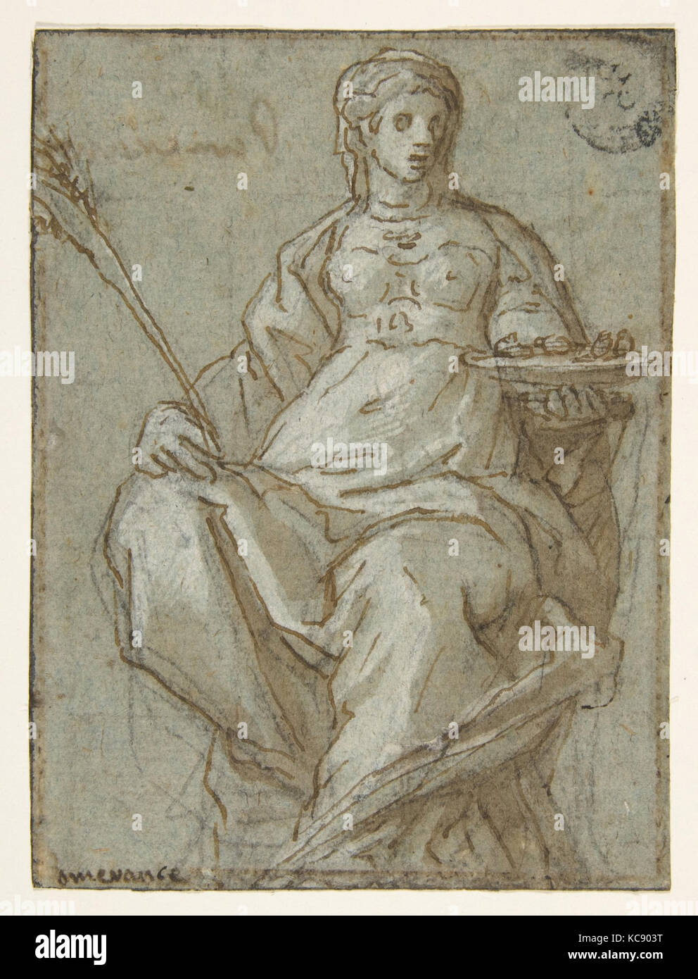 Figure féminine allégorique tenant une branche et un plat, attribué à Lazzaro Tavarone, 1556-1641 Banque D'Images
