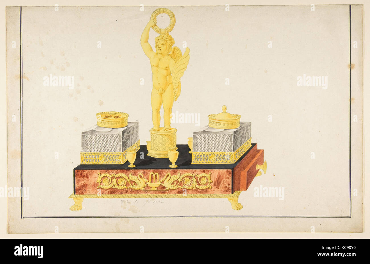 Conception d'un stand à la plume avec un Cupidon et deux Encriers, anonyme, le français, 19e siècle, 19e siècle Banque D'Images