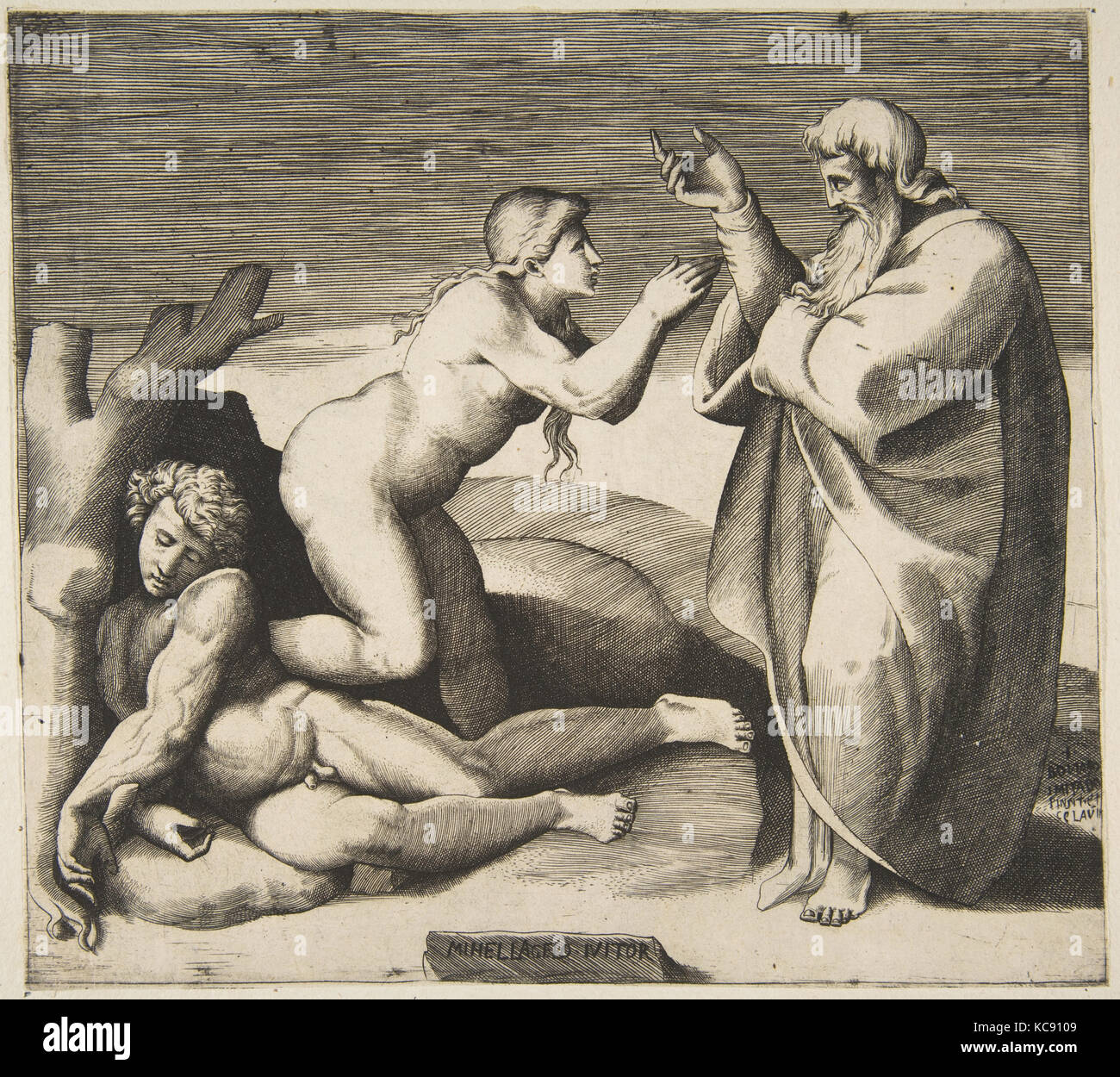 La création d'Ève qui émerge de derrière Adam, Giulio Bonasone, ca. 1530-70 Banque D'Images