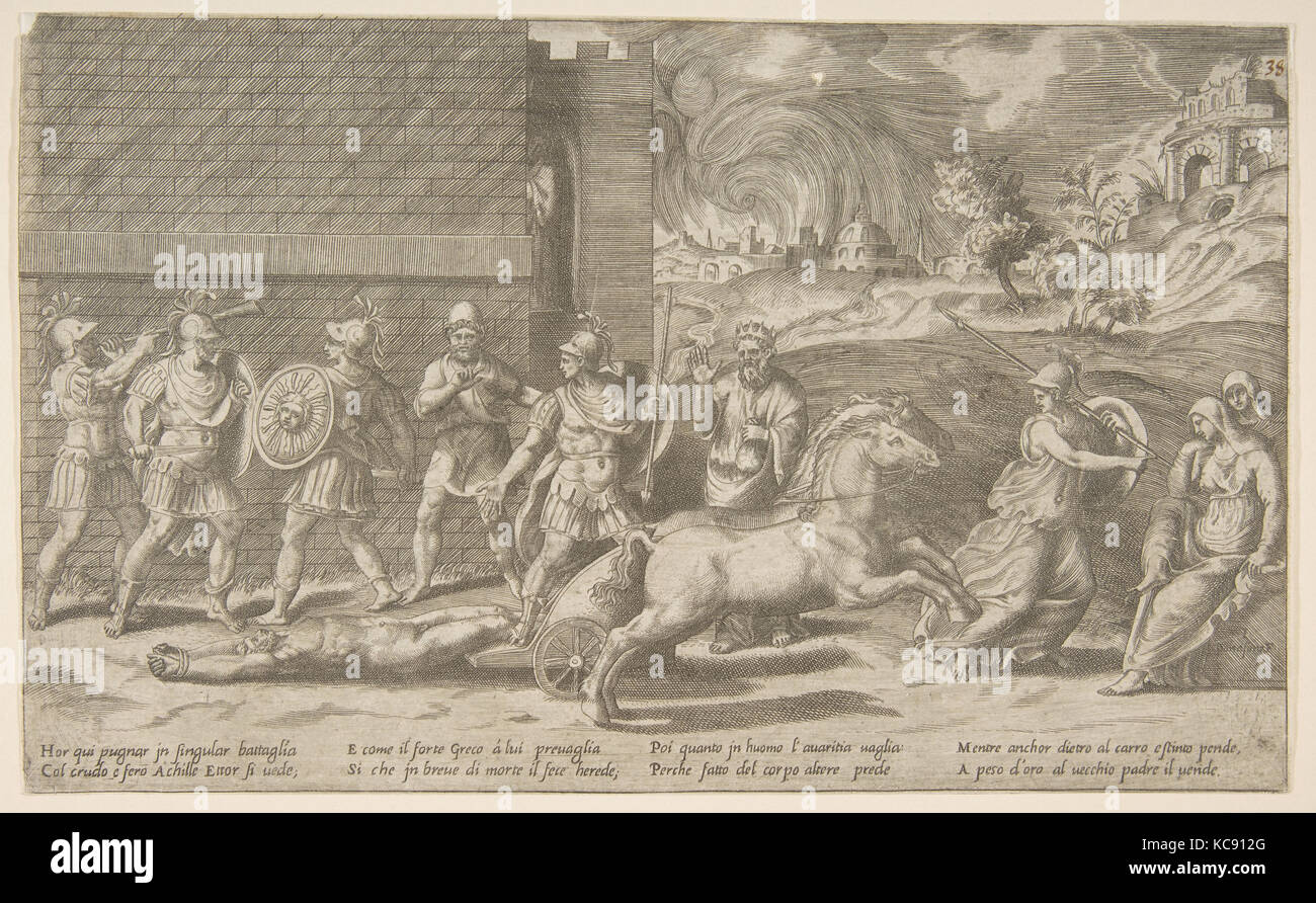 Le combat d'Hector et Achille, et Achille traînant le corps d'Hector autour des murs de Troie, Giulio Bonasone, 1531-76 Banque D'Images