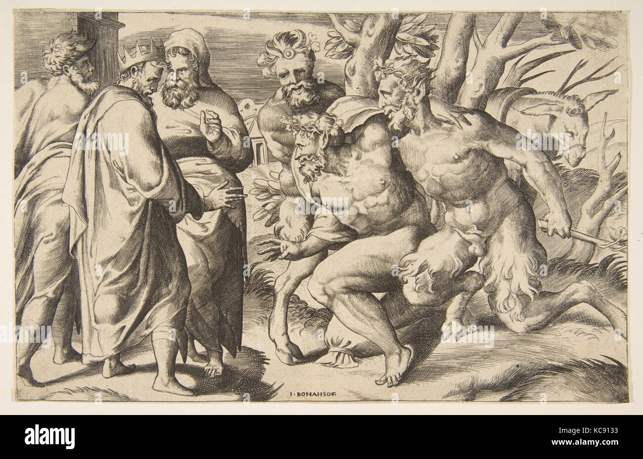Deux satyres Silène saumurage le roi Midas debout à la gauche, Giulio Bonasone, 1531-76 Banque D'Images