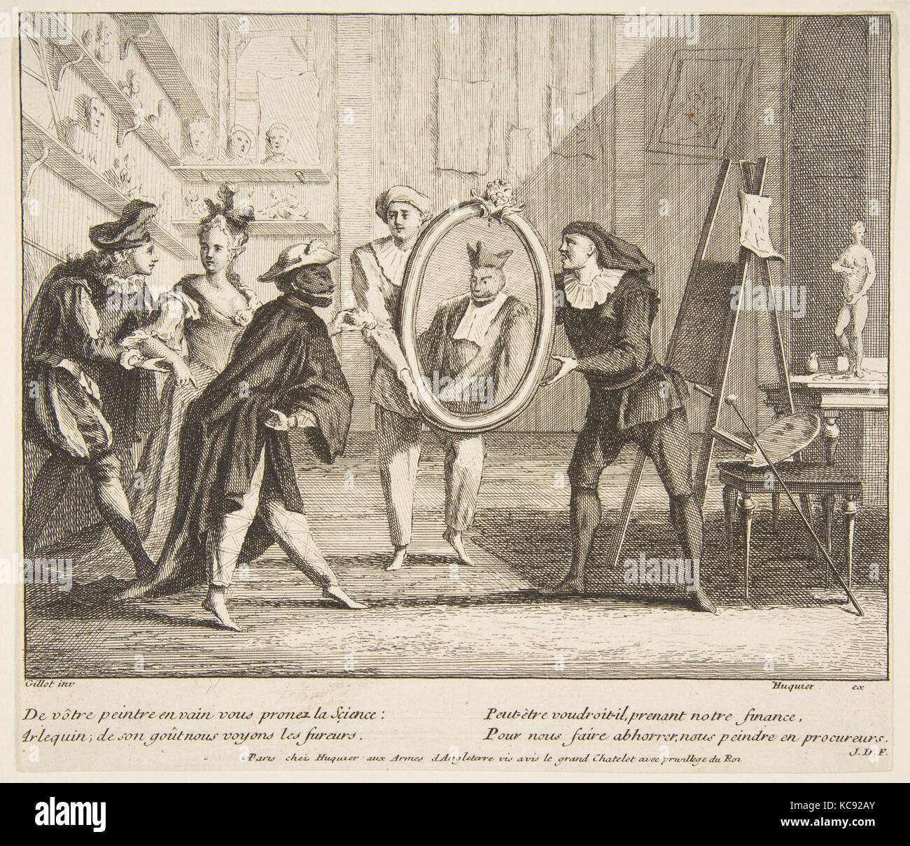 Pierrot et Scaramouche montrent le portrait de Arlequin, Claude Gillot, n.d Banque D'Images