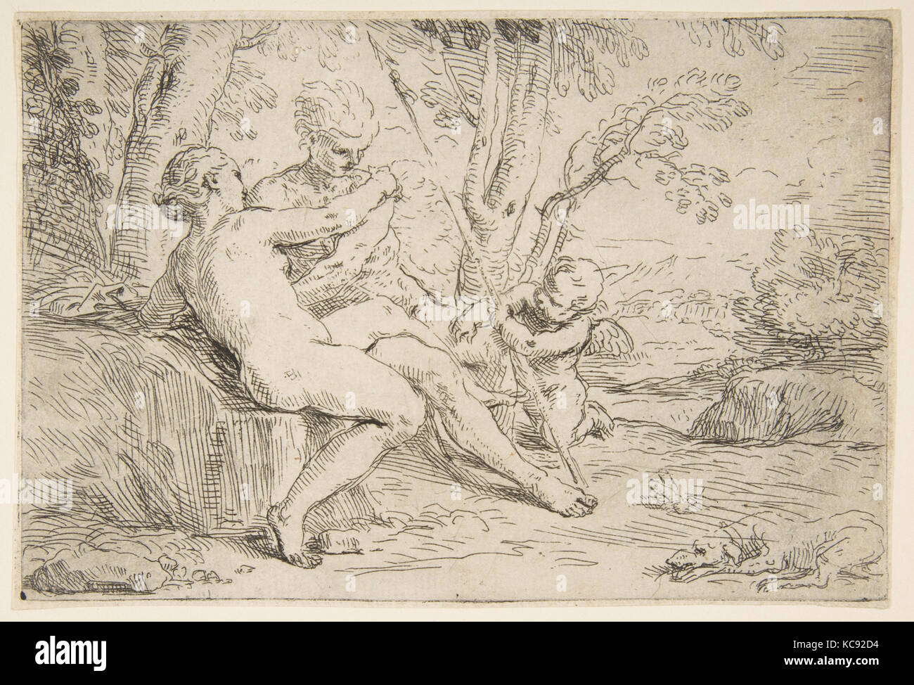 Vénus et Adonis, ca. 1637-1639, Etching, feuille : 4 × 5/8 6 7/8 in. (11,8 × 17,4 cm), Impressions, Simone Cantarini (Italien, Pesaro Banque D'Images