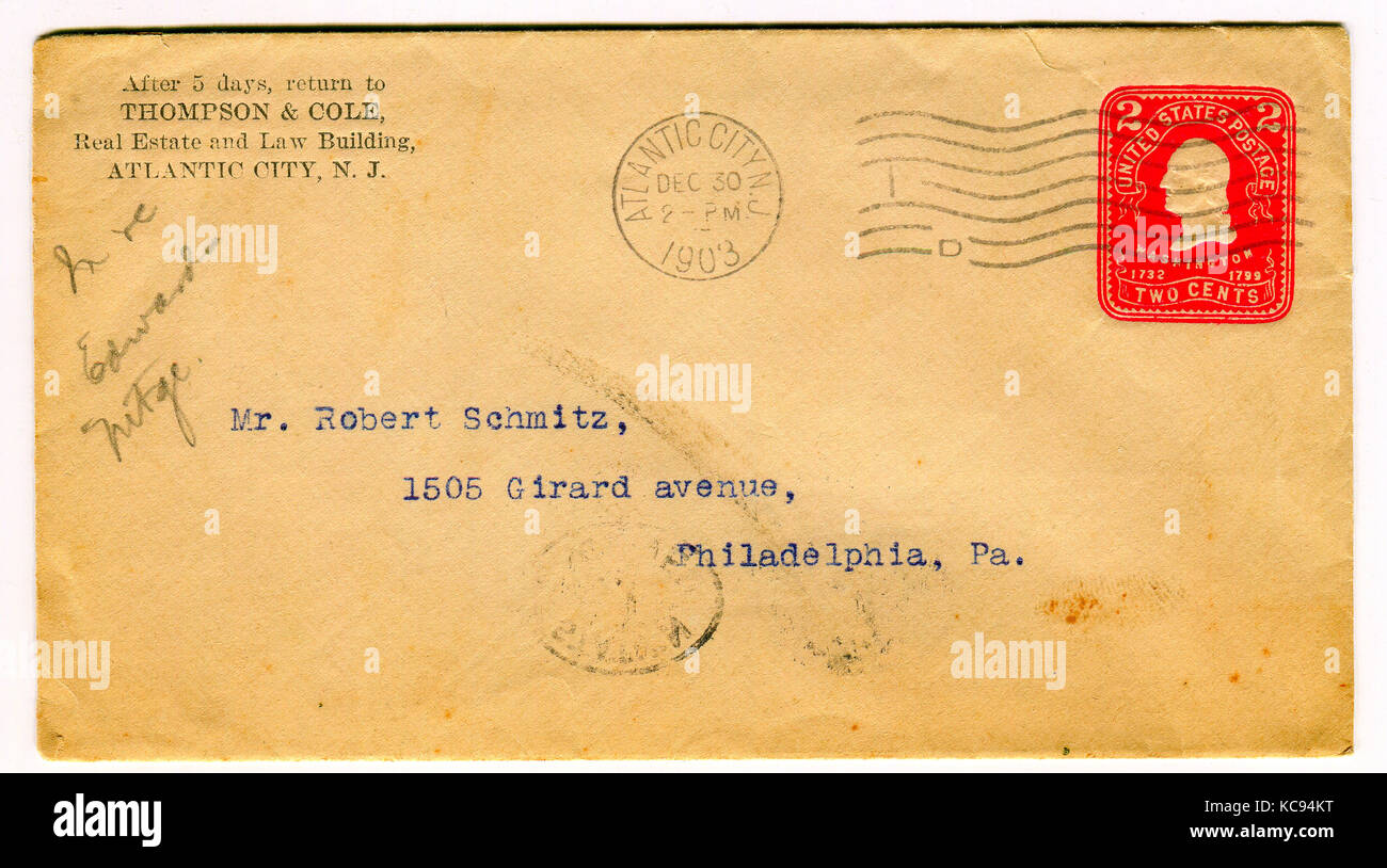 Gomel, Bélarus - avril 7, 2017 : vieille enveloppe qui avait été envoyé d'atlantic City à Philadelphie, USA, 30 décembre 1903. Banque D'Images