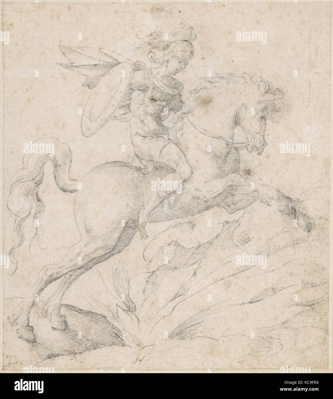 Marcus Curtius, 1540-1991, plume et encre noire sur papier de couleur crème, 5 3/4 x 5 1/8 in. (14,6 x 13 cm), dessins, Attribué à Banque D'Images