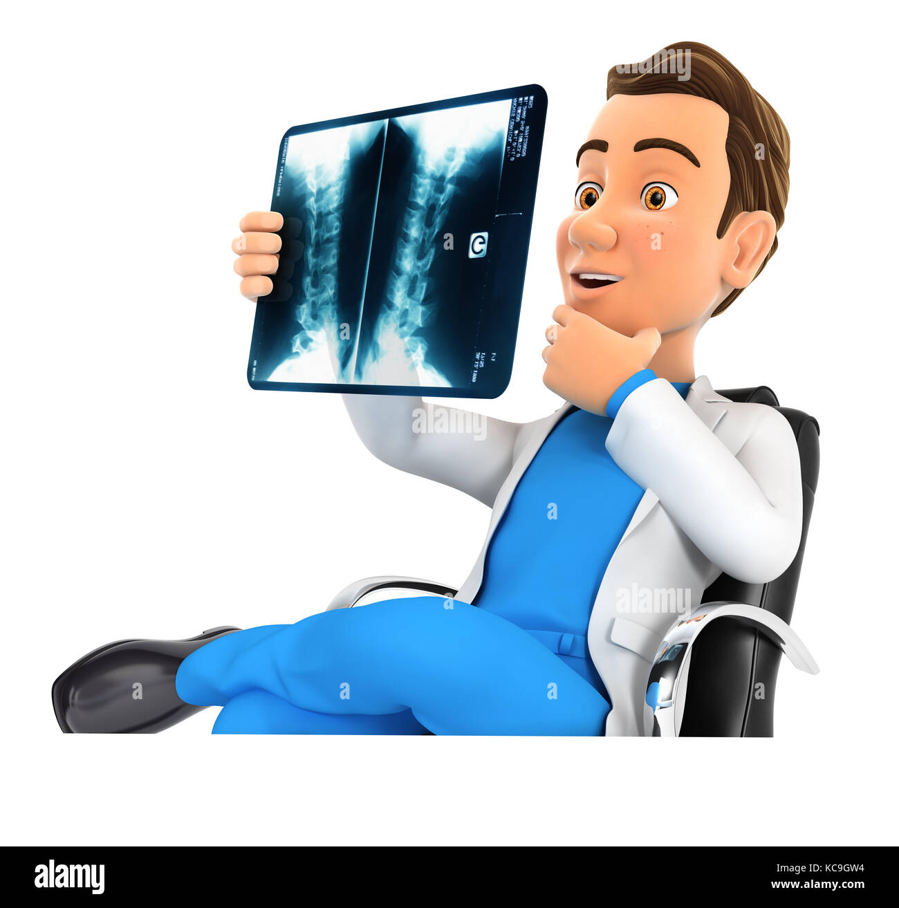 Médecin à la 3d à x-ray dans son bureau, illustration avec fond blanc isolé Banque D'Images