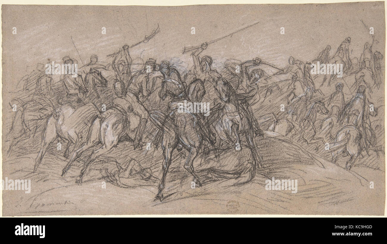 Escarmouche arabe, 19e siècle, noir et craie blanche sur papier gris brun, 6 1/2 x 11 7/8 in. (16,5 x 30,2 cm), dessins, Eugène Banque D'Images