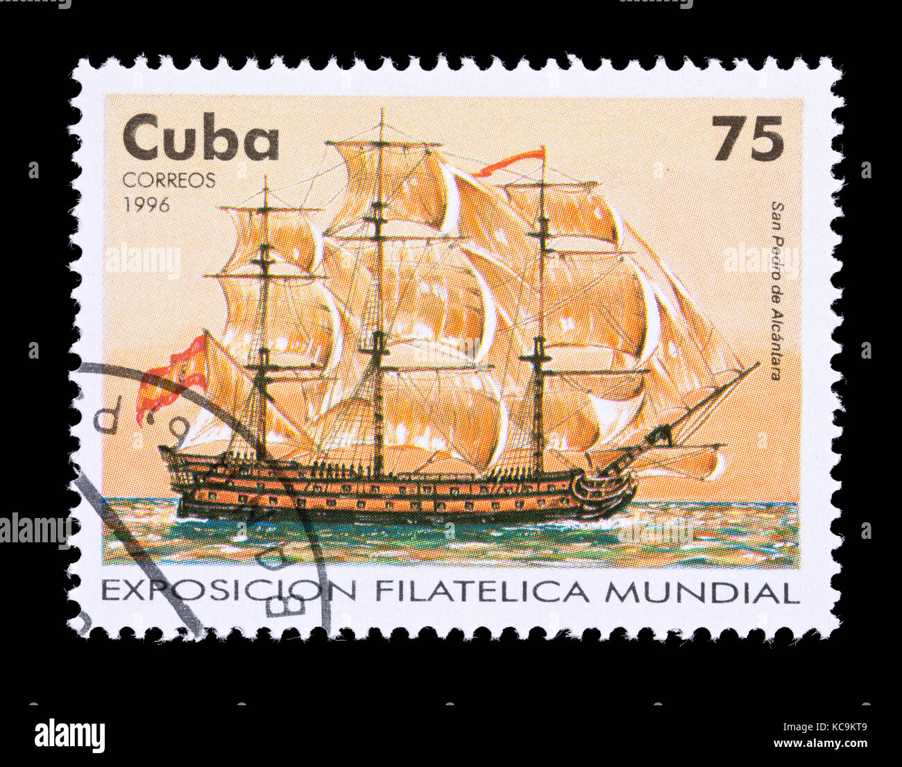 Timbre-poste de Cuba représentant le navire à voile cubain historique de San Pedro de Alcantara Banque D'Images