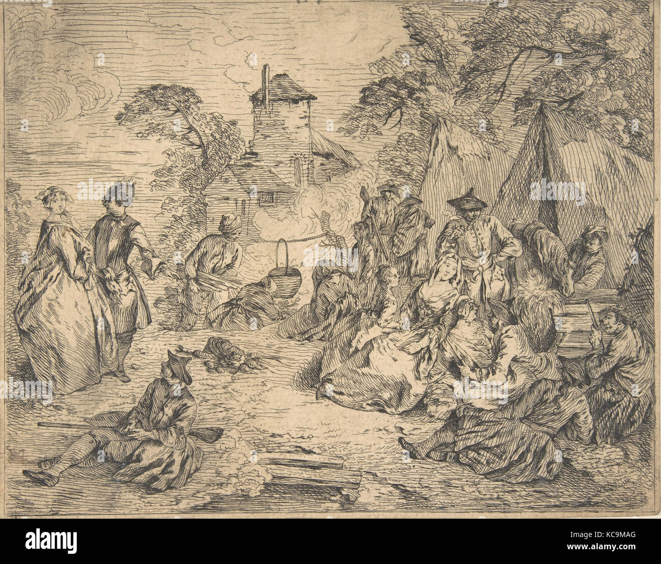 Halte des troupes (soldats et des femmes dans un camp), attribuée à Jean-Baptiste Joseph Pater, 18e siècle Banque D'Images