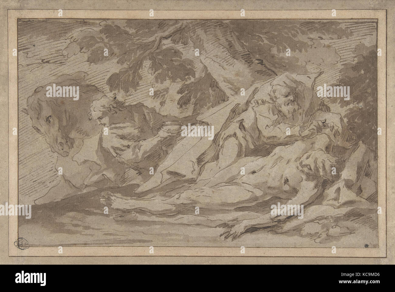 Le Bon Samaritain, 1689-1767, plume et encre brune, pinceau et lavis, a souligné, sur papier beige. Les lignes d'encadrement à la plume et Banque D'Images