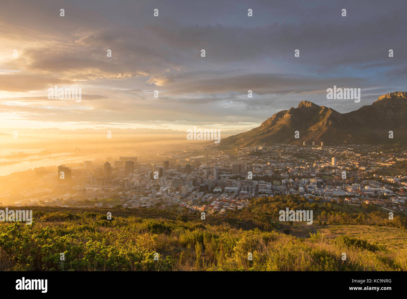Table Mountain et ville à l'aube, Cape Town, Western Cape, Afrique du Sud Banque D'Images