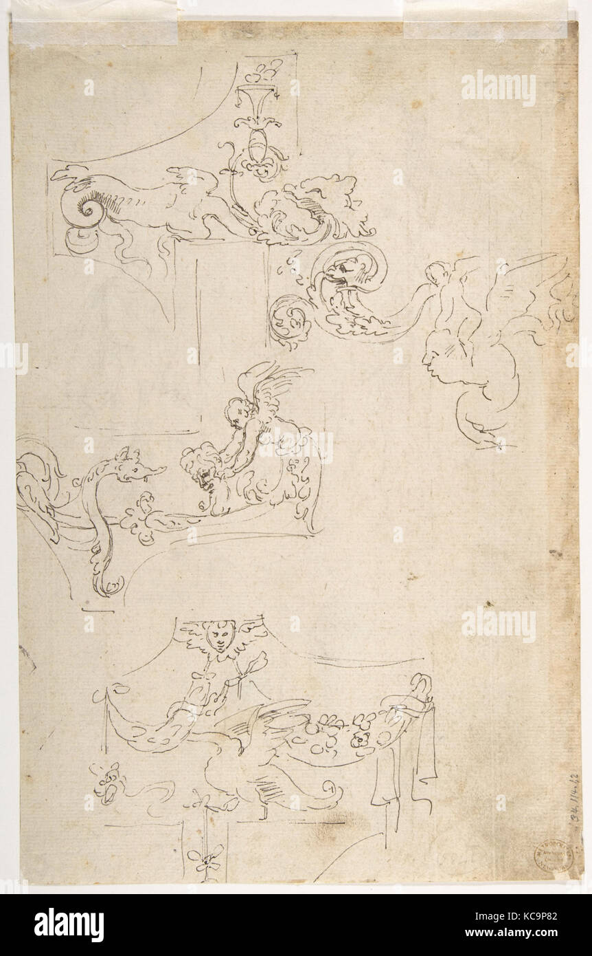 Feuille d'études de figures, probablement d'après l'Antique (recto) ; Motifs ornementaux (verso), attribué à Girolamo da Carpi, 1501 Banque D'Images