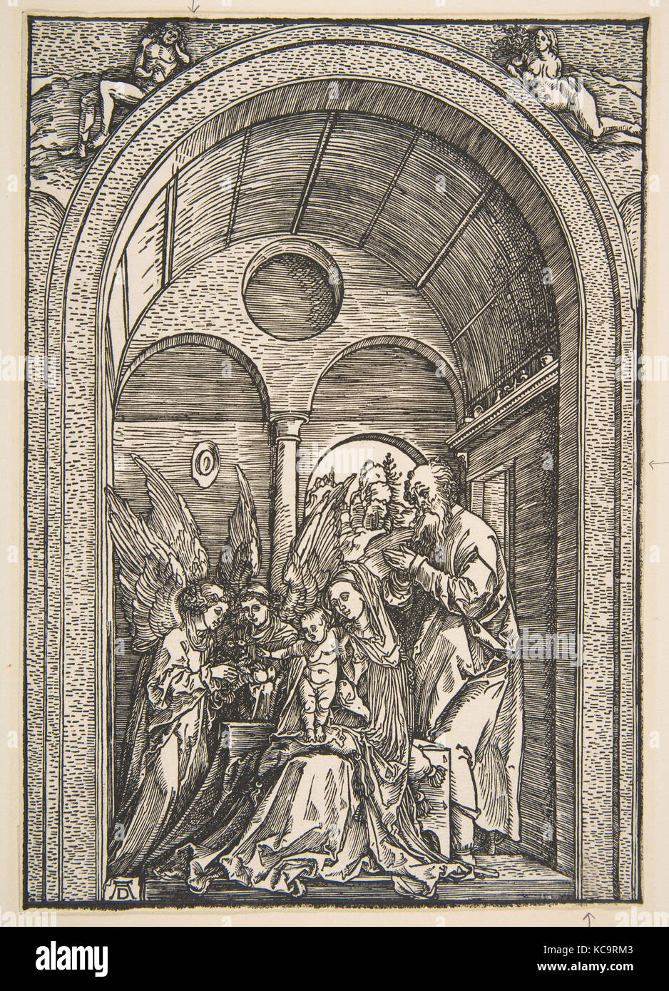 La sainte famille avec deux anges dans une salle voûtée, Albrecht Dürer, ca. 1503 Banque D'Images