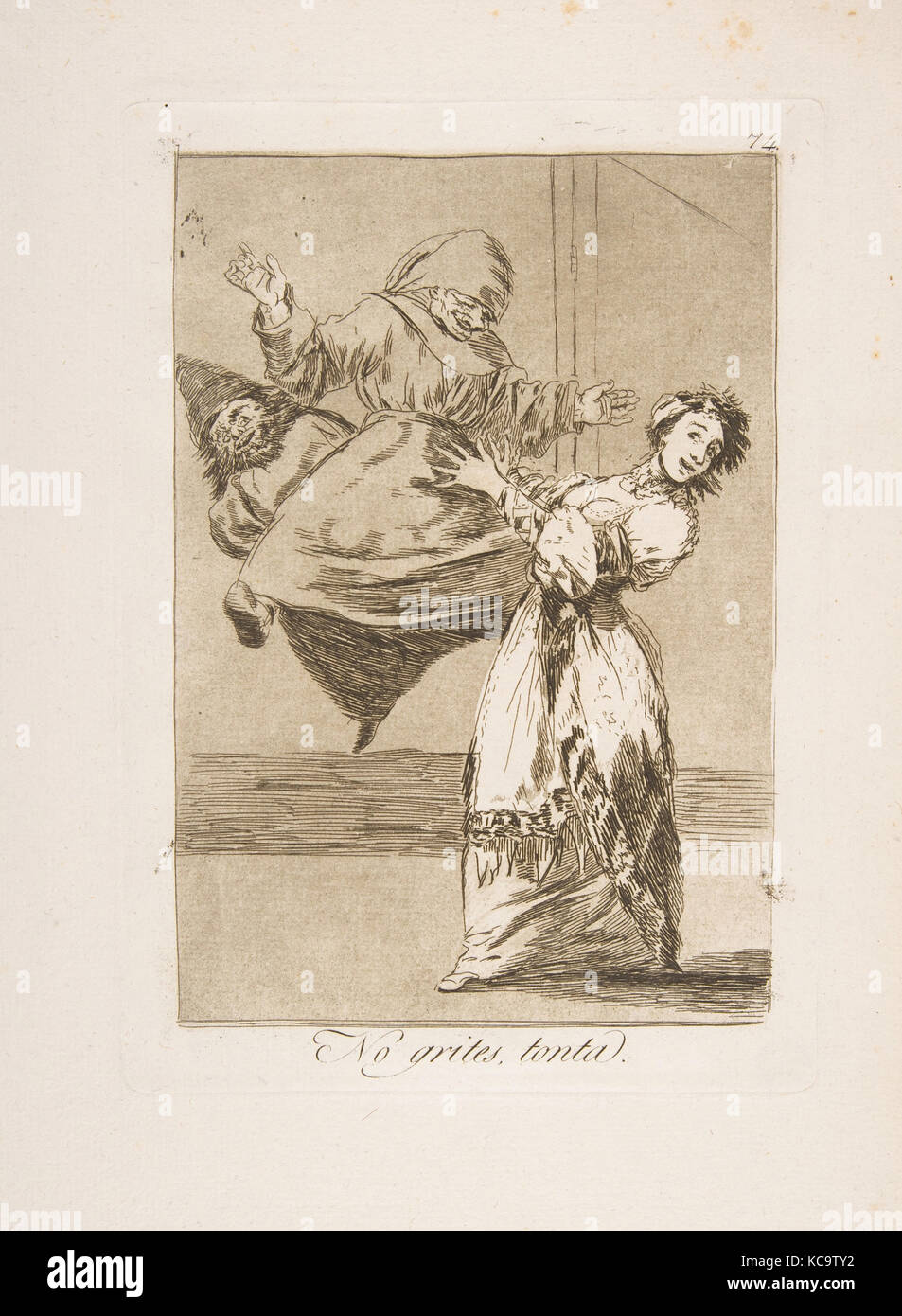 74 Plaque de "Los Caprichos" : ne pas crier, stupide (pas grites, tonta), Goya, 1799 Banque D'Images