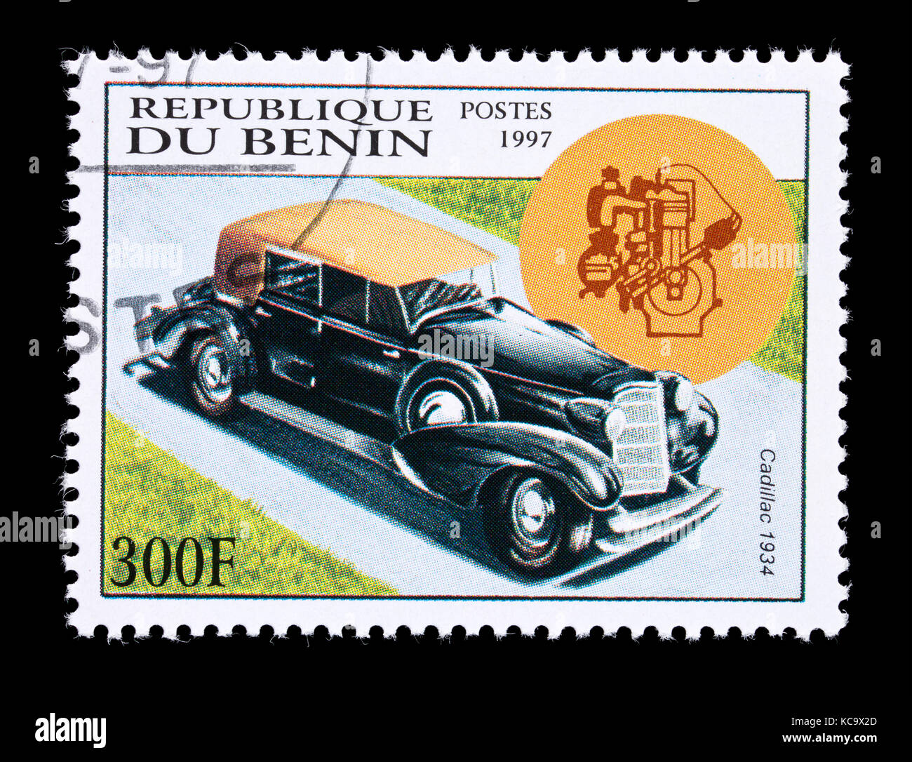 Timbre-poste du Bénin représentant une Cadillac 1934. Banque D'Images