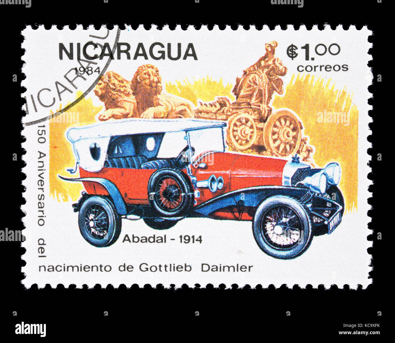 Timbre-poste du Nicaragua représentant une automobile classique 1914 Abadal, sesquicentennial de la naissance de Gottlieb Daimler. Banque D'Images