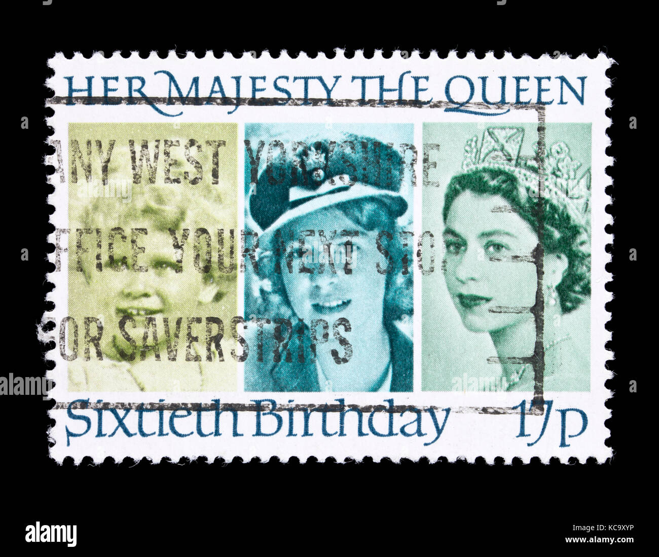 Timbre-poste à partir de la Grande-Bretagne représentant trois photos de la reine Elizabeth II à des âges différents, émis pour son jubilé d'argent. Banque D'Images