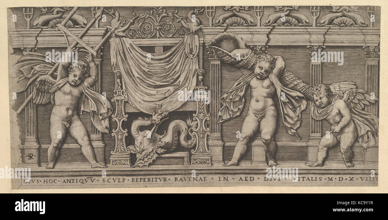 Speculum Romanae Magnificentiae : Bas-Relief avec trois cupidons, Marco dente, 1519 Banque D'Images