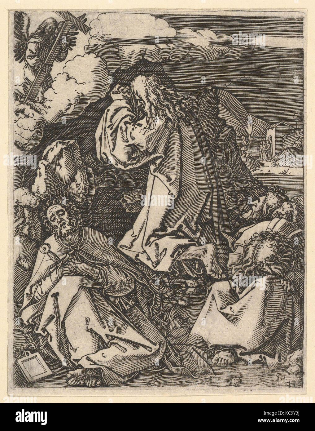 Le Christ priant sur la montagne des Oliviers ; soldats romains qui entre par la porte de jardin en fond, après Dürer Banque D'Images