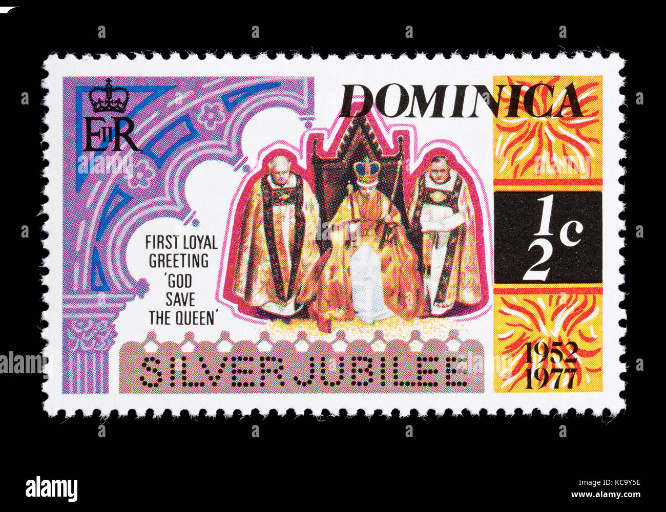 Timbre-poste de Dominique représentant l'intronisation de la reine Elizabeth II en 1952 Banque D'Images