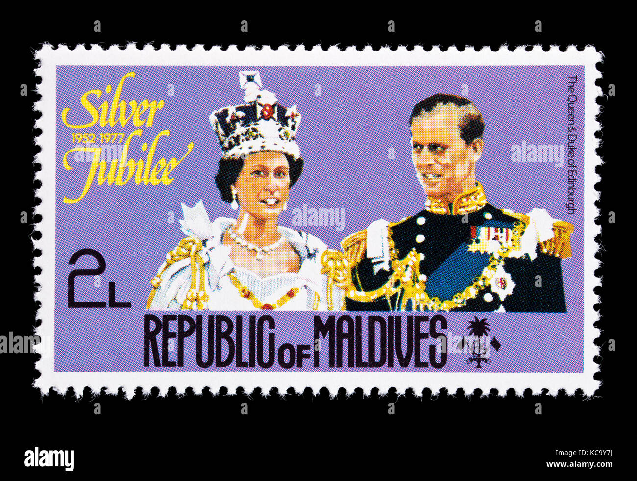 Timbre-poste de la France représentant la reine Elizabeth II et le Prince Philip, 25e anniversaire de son couronnement, Banque D'Images