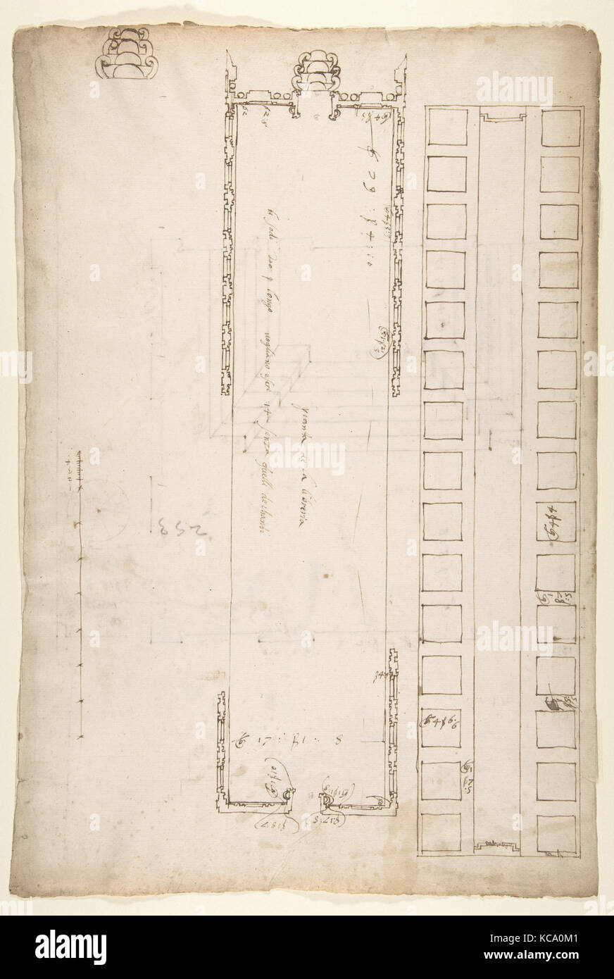 San Lorenzo, Bibliothèque, plan ; plan ; plafond réfléchi, détail d'escalier (recto) San Lorenzo, Ricetto, plan (verso Banque D'Images