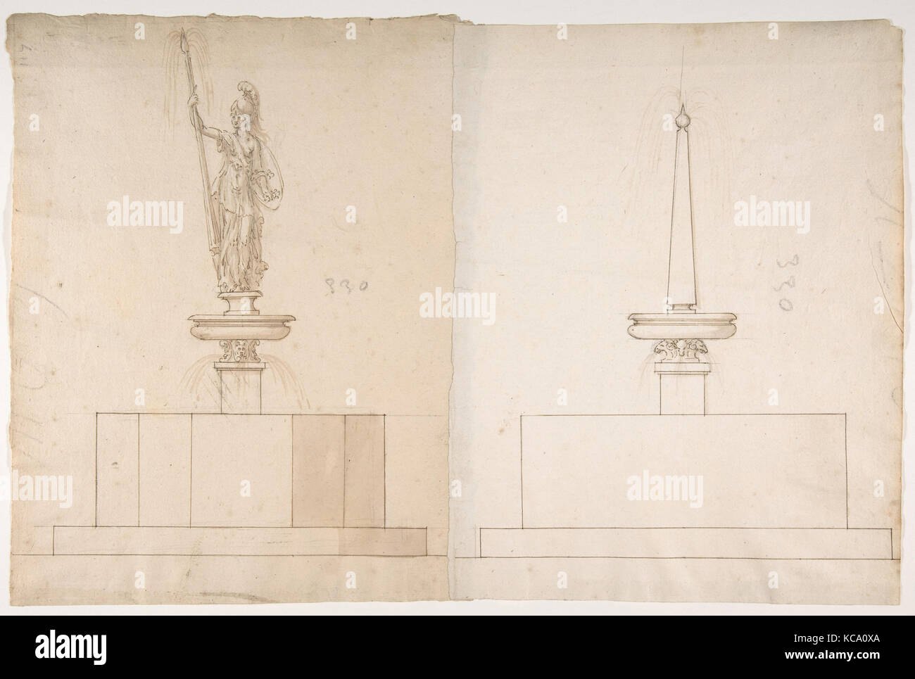 Les plans et les élévations de deux fontaines, anonyme, le français, 16e siècle Banque D'Images