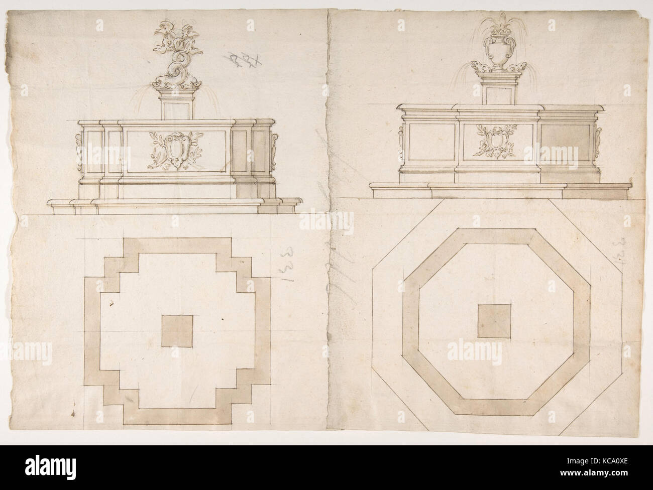 Les plans et les élévations de deux fontaines, anonyme, le français, 16e siècle Banque D'Images