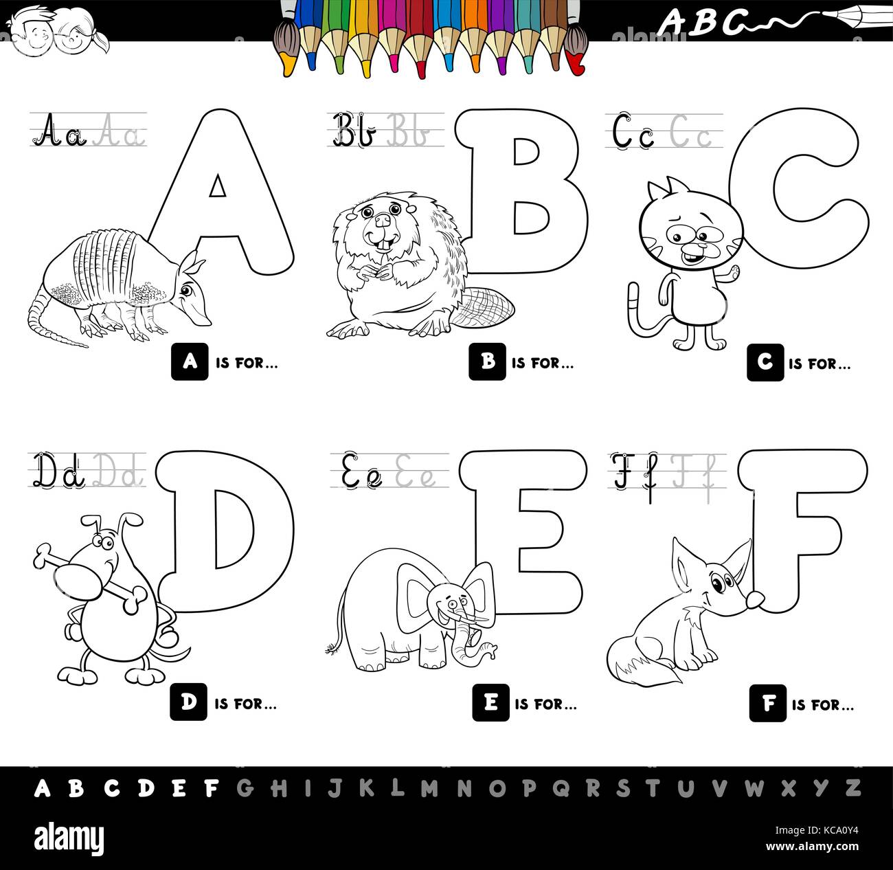 Cartoon noir et blanc illustration de l'alphabet en majuscules avec des caractères pour la lecture et l'écriture l'éducation pour les enfants de a à f Illustration de Vecteur