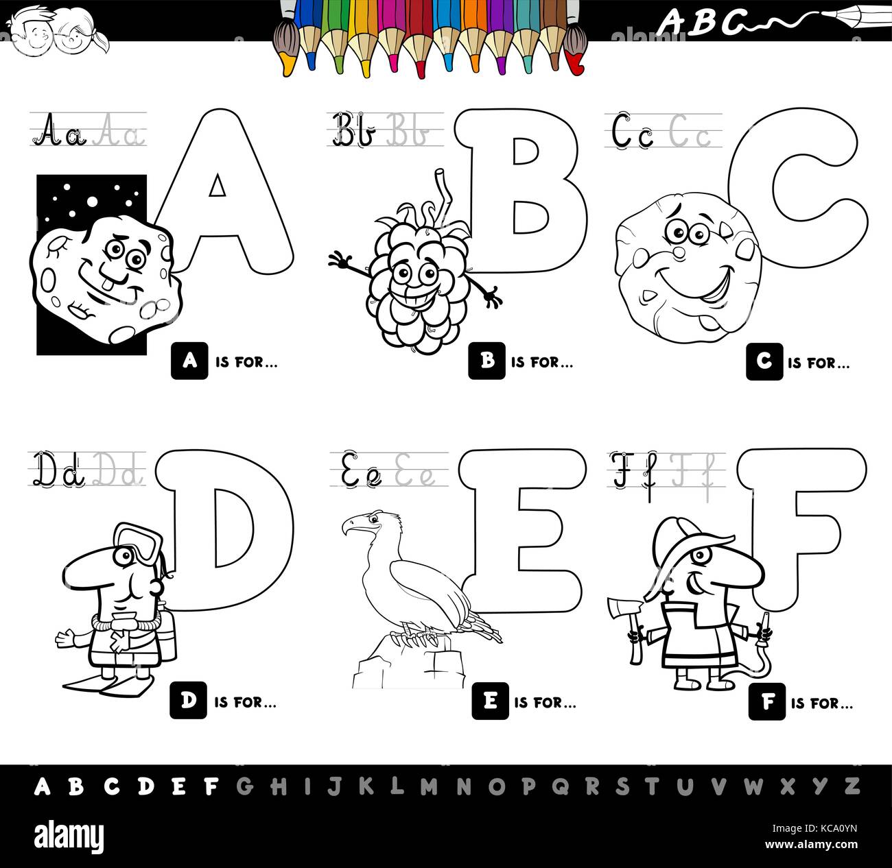 Cartoon noir et blanc illustration de l'alphabet majuscules jeu éducatif pour l'apprentissage de lecture et d'écriture pour les enfants de a à f coloring bo Illustration de Vecteur