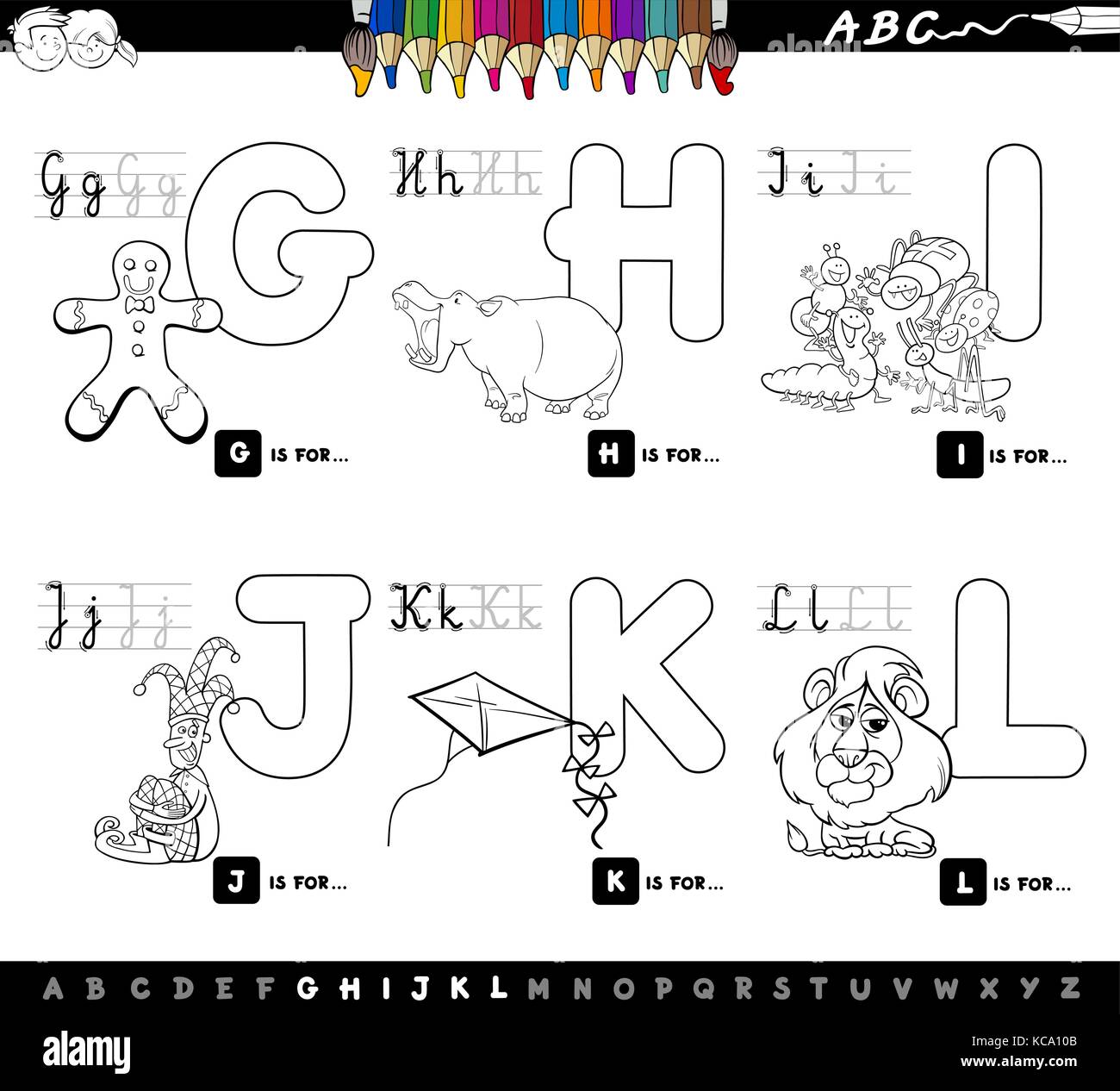 Cartoon noir et blanc illustration de l'alphabet majuscules jeu éducatif pour l'apprentissage de lecture et d'écriture pour les enfants de g à l'apm à colorier Illustration de Vecteur